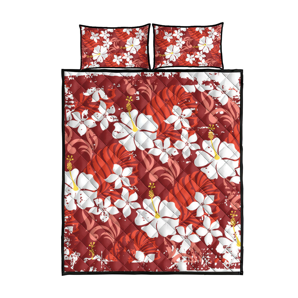 Red Hawaiian Hibiscus Monstera Quilt Bed Set Grunge Stylized LT01 - Polynesian Pride