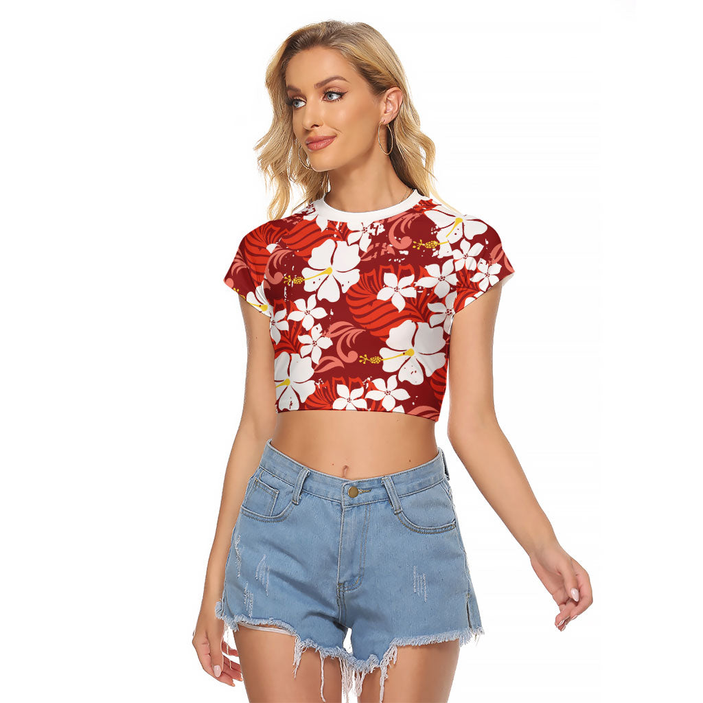 Red Hawaiian Hibiscus Monstera Raglan Cropped T Shirt Grunge Stylized LT01 Female Red - Polynesian Pride