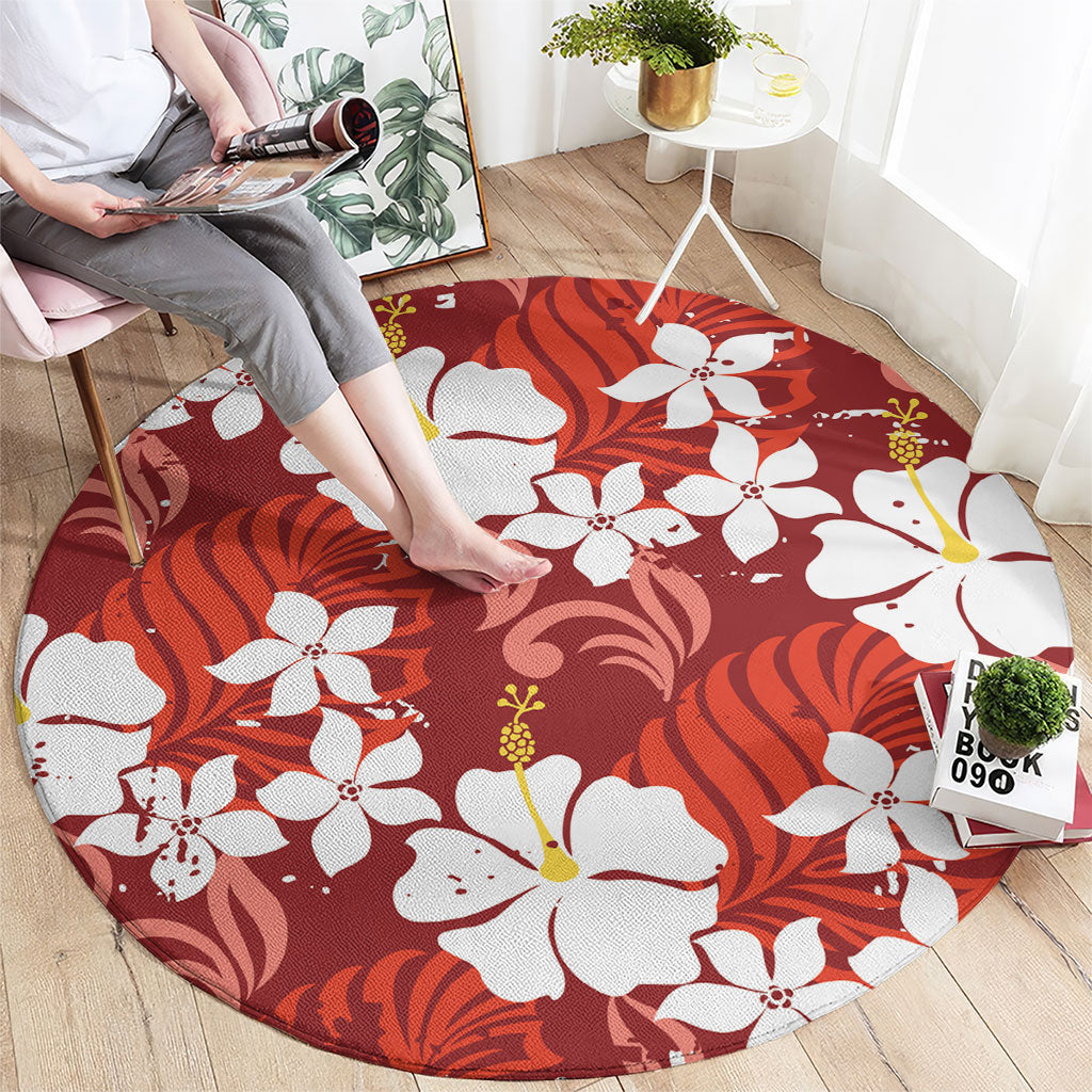 Red Hawaiian Hibiscus Monstera Round Carpet Grunge Stylized