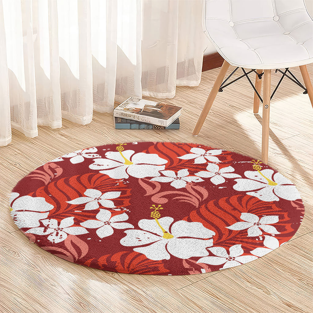 Red Hawaiian Hibiscus Monstera Round Carpet Grunge Stylized