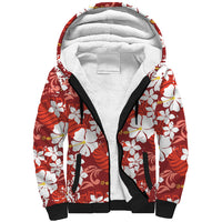 Red Hawaiian Hibiscus Monstera Sherpa Hoodie Grunge Stylized LT01 Unisex Red - Polynesian Pride