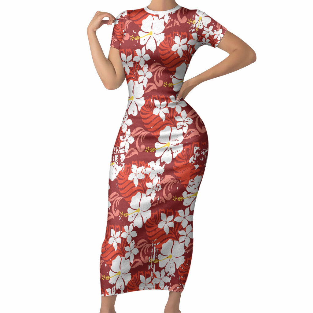 Red Hawaiian Hibiscus Monstera Short Sleeve Bodycon Dress Grunge Stylized LT01 Long Dress Red - Polynesian Pride