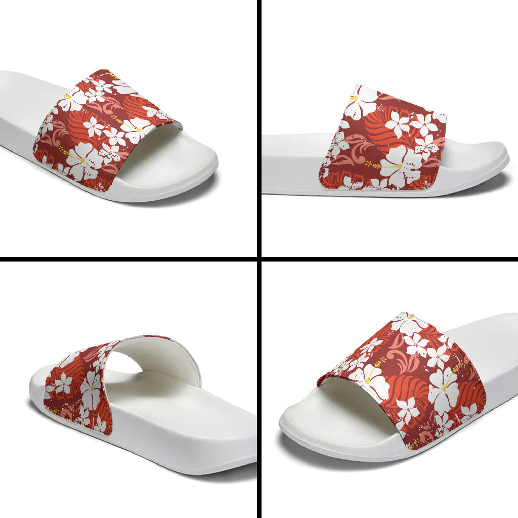 Red Hawaiian Hibiscus Monstera Slide Sandals Grunge Stylized