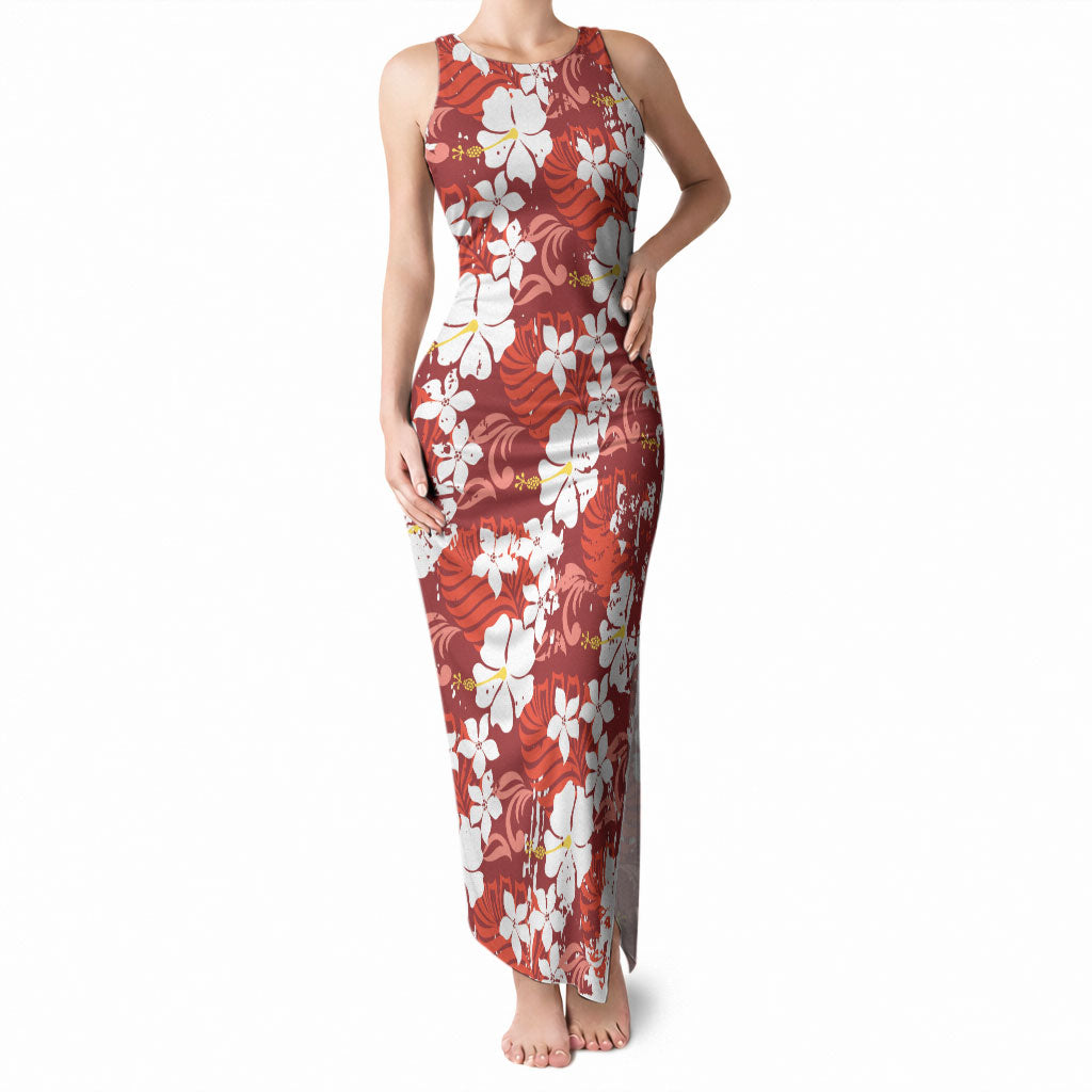 Red Hawaiian Hibiscus Monstera Tank Maxi Dress Grunge Stylized LT01 Women Red - Polynesian Pride