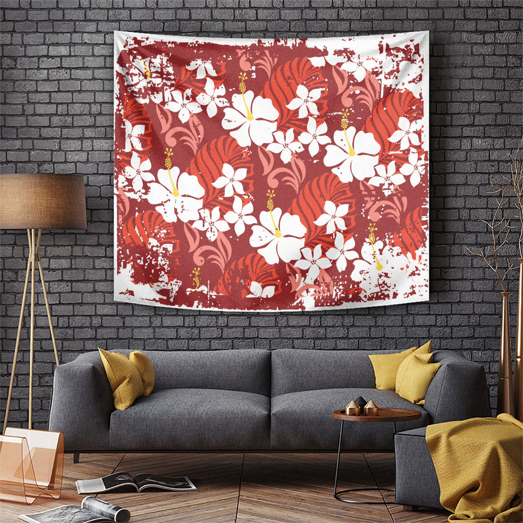 Red Hawaiian Hibiscus Monstera Tapestry Grunge Stylized LT01 Red - Polynesian Pride