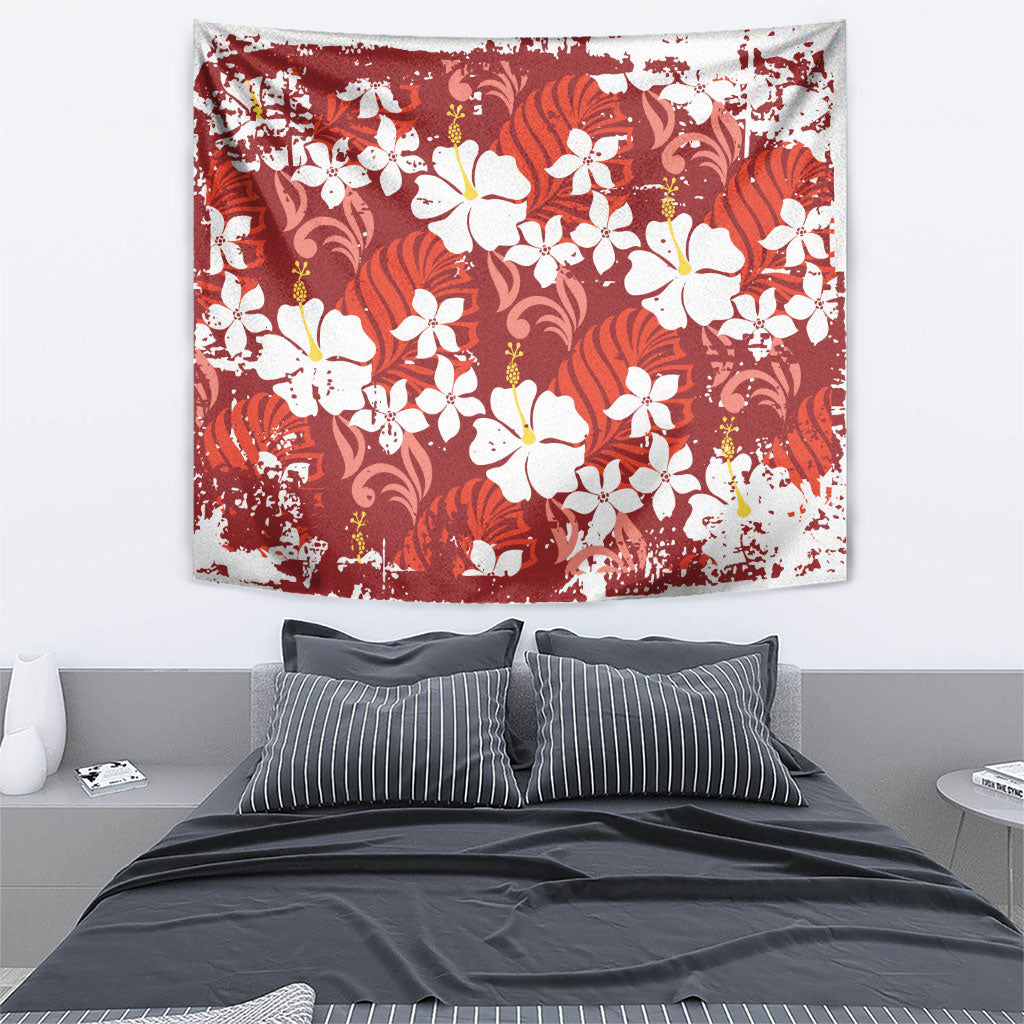 Red Hawaiian Hibiscus Monstera Tapestry Grunge Stylized LT01 - Polynesian Pride