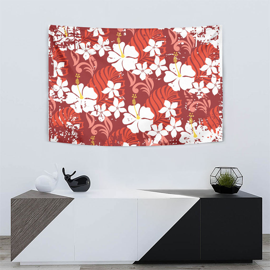Red Hawaiian Hibiscus Monstera Tapestry Grunge Stylized LT01 - Polynesian Pride