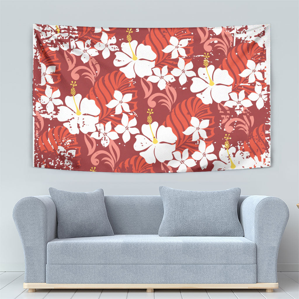 Red Hawaiian Hibiscus Monstera Tapestry Grunge Stylized LT01 - Polynesian Pride
