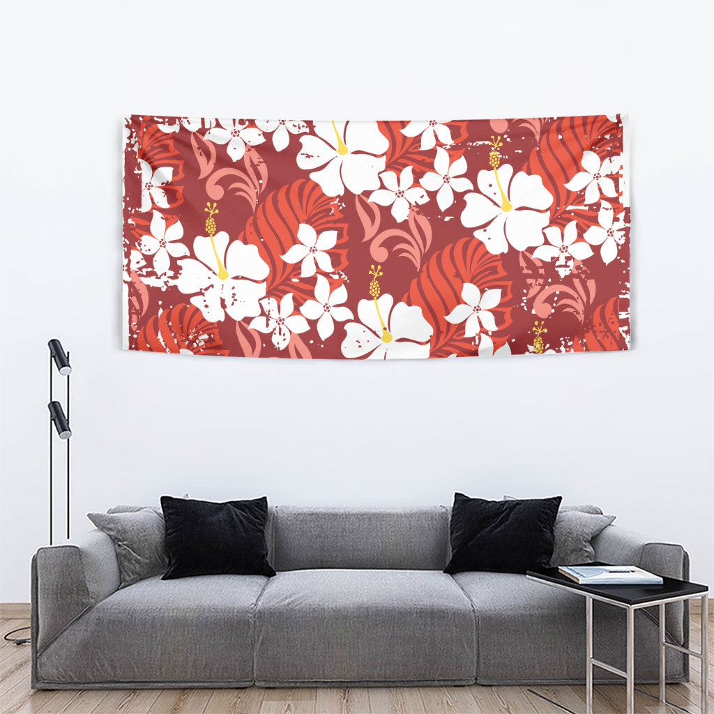 Red Hawaiian Hibiscus Monstera Tapestry Grunge Stylized LT01 - Polynesian Pride
