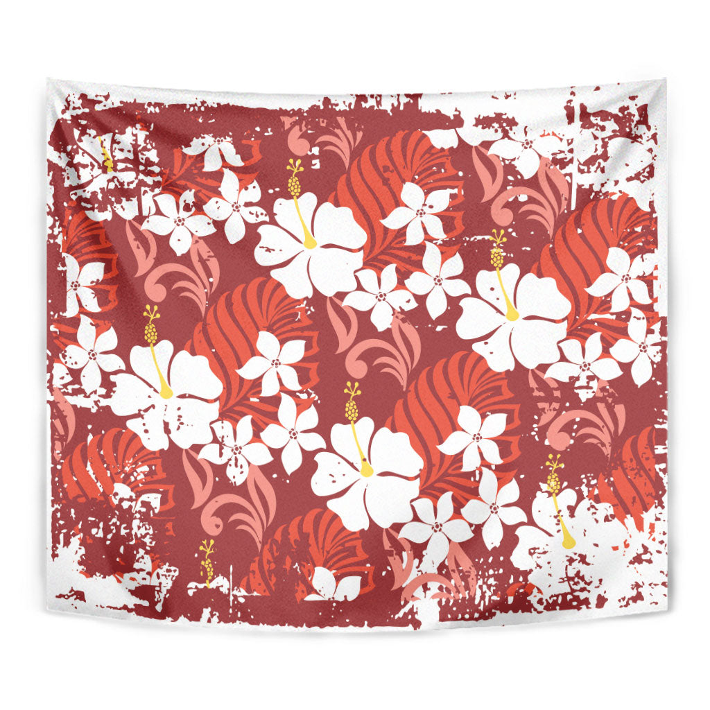 Red Hawaiian Hibiscus Monstera Tapestry Grunge Stylized LT01 - Polynesian Pride