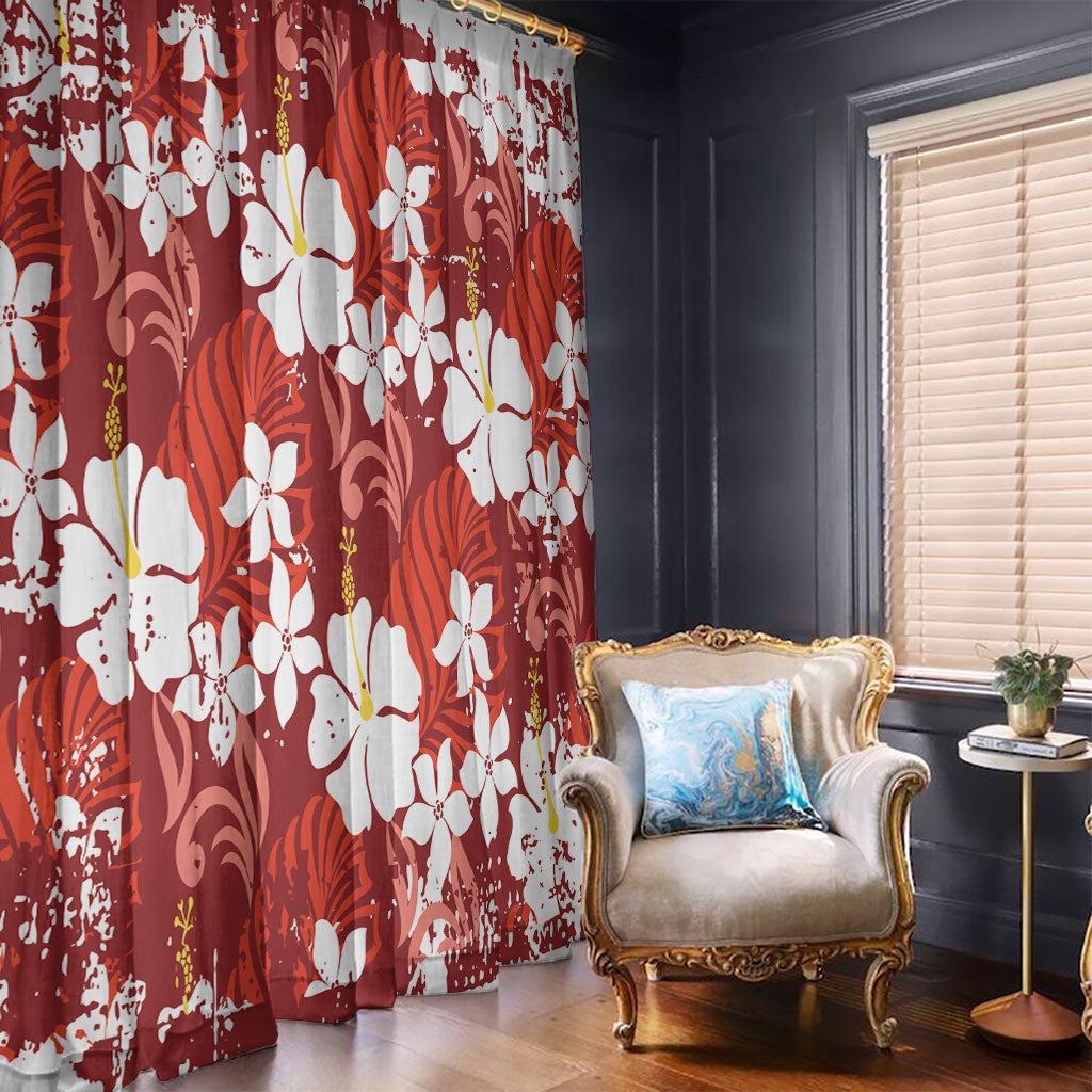 Red Hawaiian Hibiscus Monstera Window Curtain Grunge Stylized