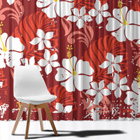 Red Hawaiian Hibiscus Monstera Window Curtain Grunge Stylized