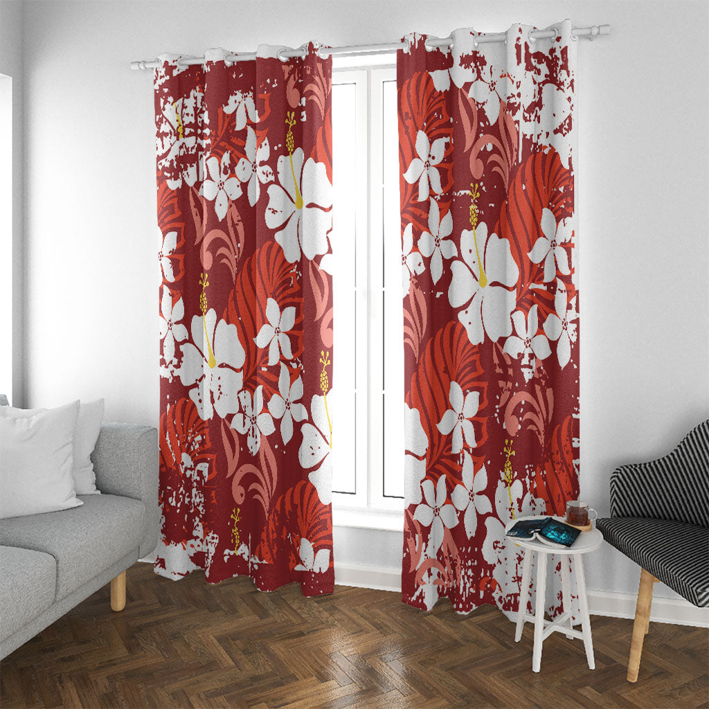 Red Hawaiian Hibiscus Monstera Window Curtain Grunge Stylized