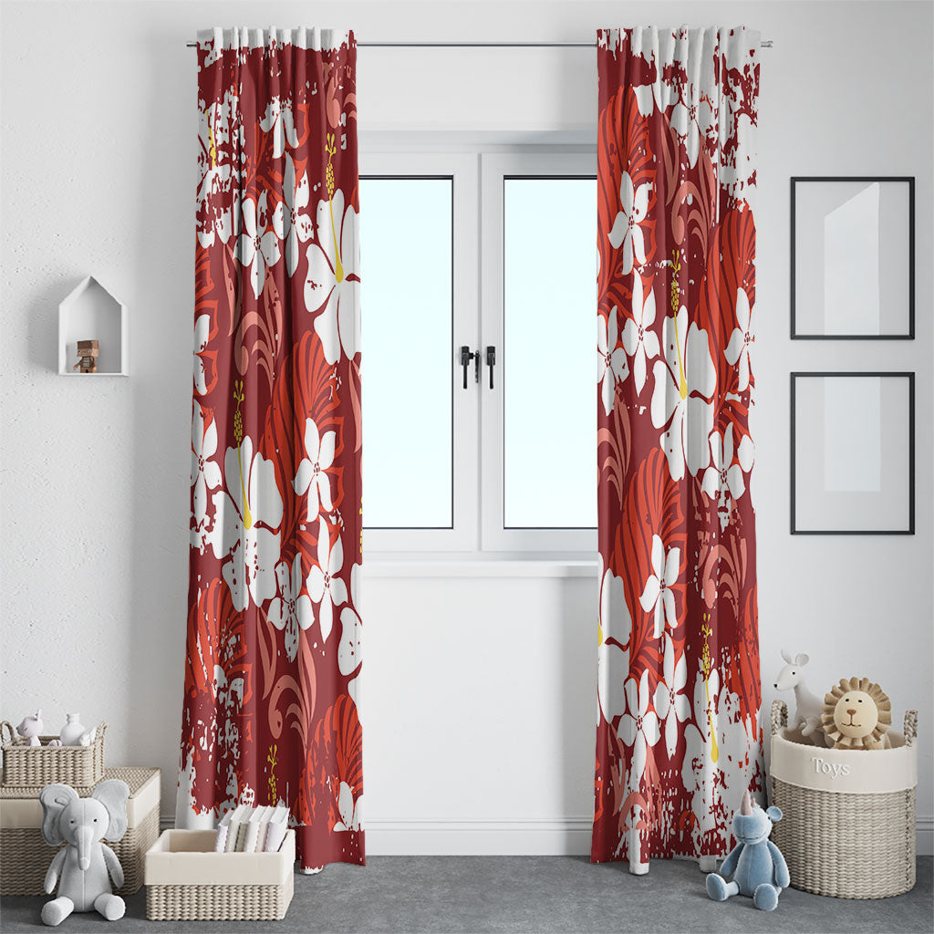 Red Hawaiian Hibiscus Monstera Window Curtain Grunge Stylized
