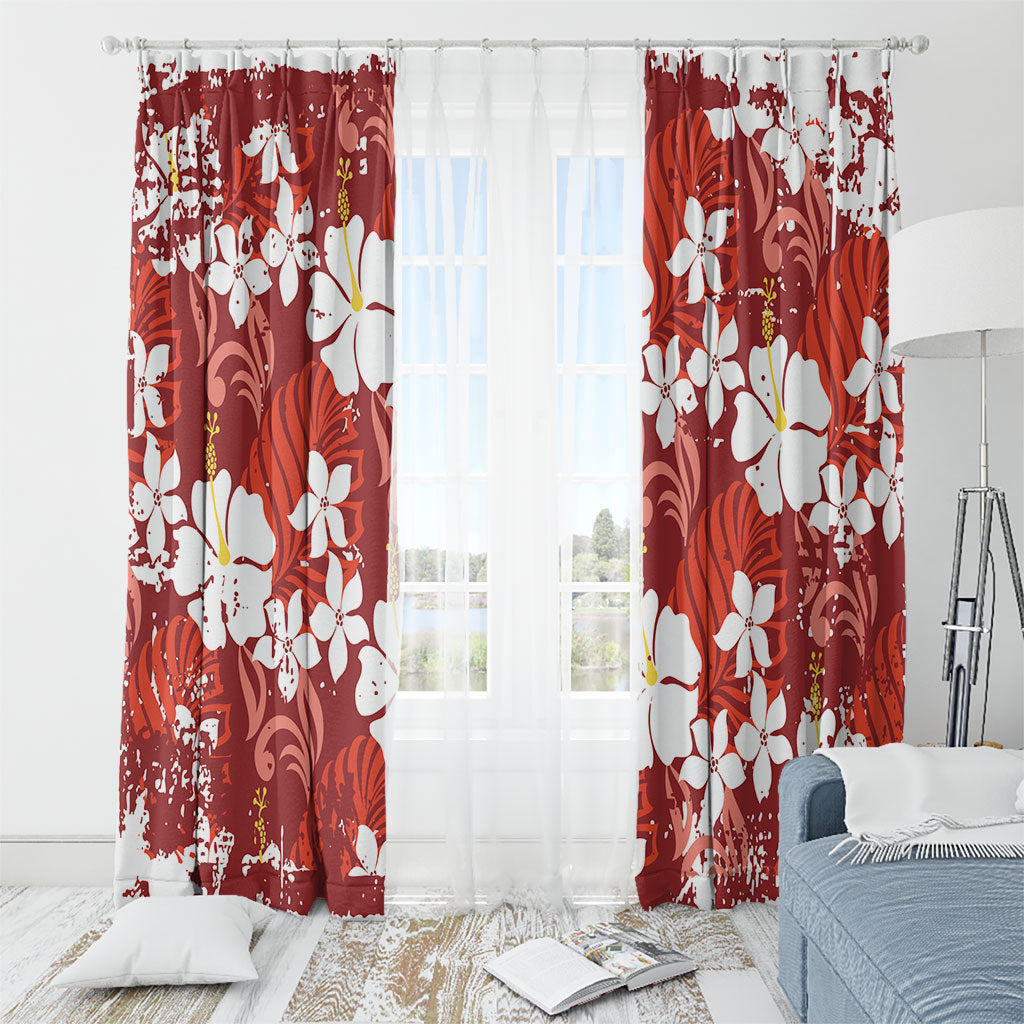 Red Hawaiian Hibiscus Monstera Window Curtain Grunge Stylized