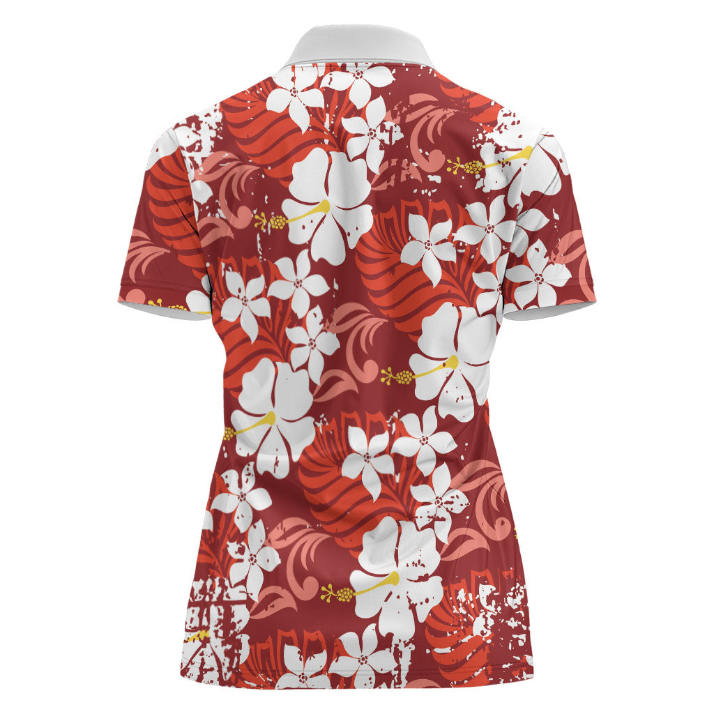 Red Hawaiian Hibiscus Monstera Women Polo Shirt Grunge Stylized LT01 - Polynesian Pride