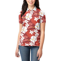 Red Hawaiian Hibiscus Monstera Women Polo Shirt Grunge Stylized LT01 - Polynesian Pride