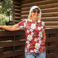 Red Hawaiian Hibiscus Monstera Women Polo Shirt Grunge Stylized LT01 - Polynesian Pride