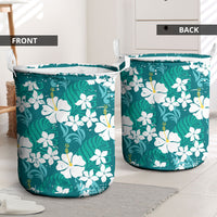 Teal Hawaiian Hibiscus Monstera Laundry Basket Grunge Stylized