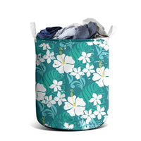 Teal Hawaiian Hibiscus Monstera Laundry Basket Grunge Stylized