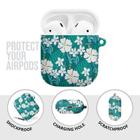 Teal Hawaiian Hibiscus Monstera AirPods Case Grunge Stylized