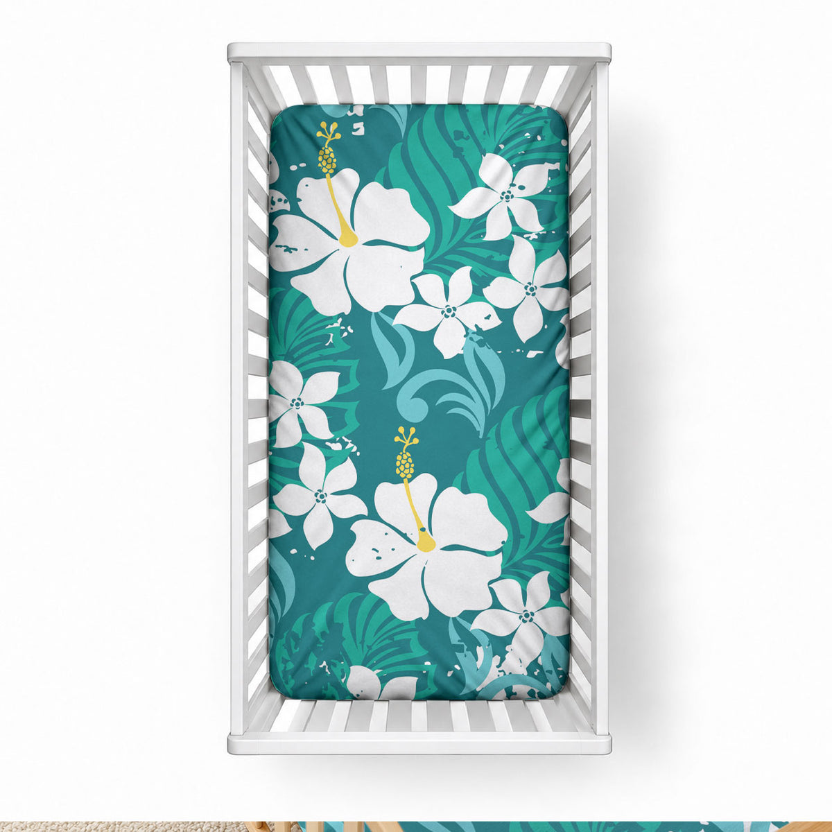 Teal Hawaiian Hibiscus Monstera Baby Bed Cover Grunge Stylized LT01 28 × 52 in Teal - Polynesian Pride