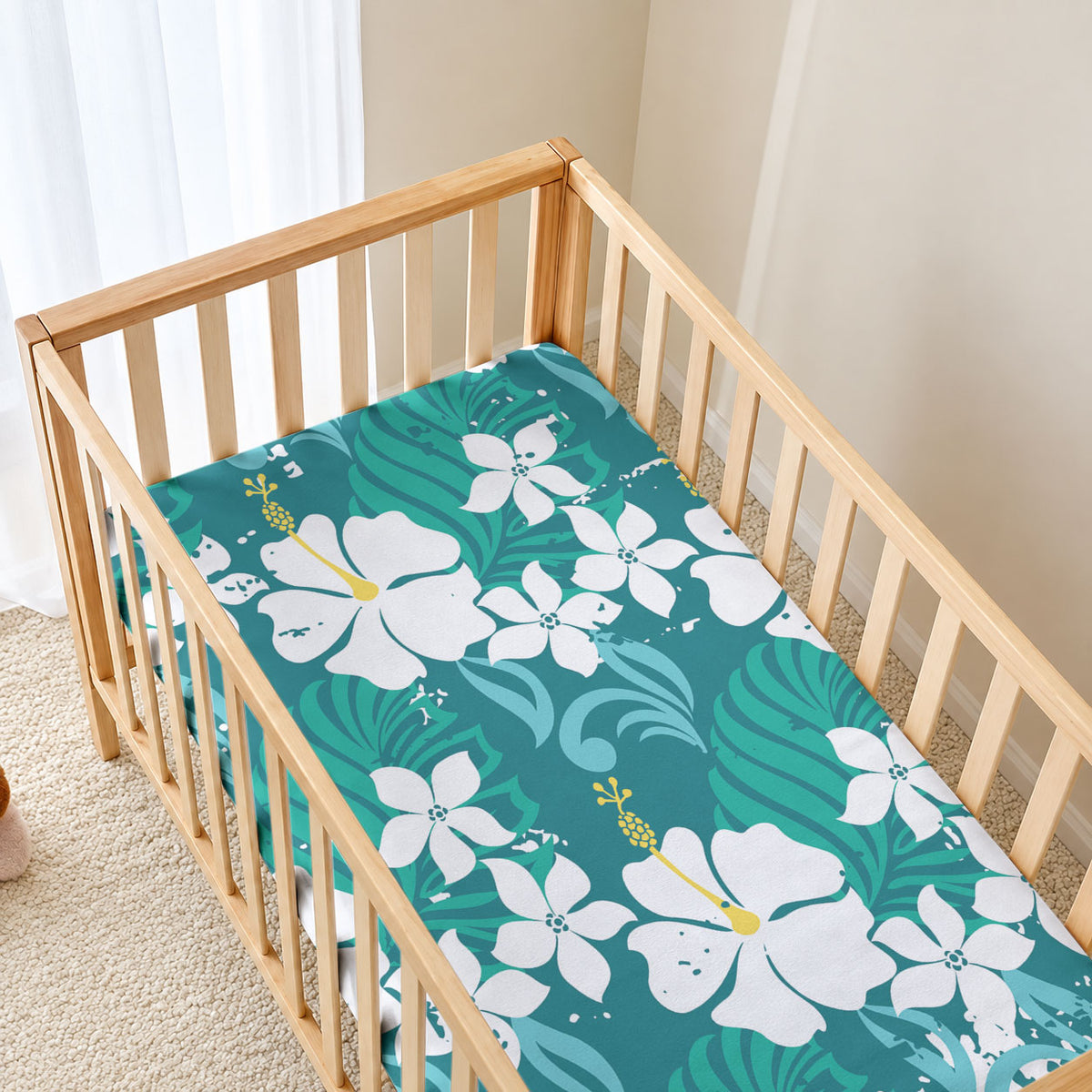 Teal Hawaiian Hibiscus Monstera Baby Bed Cover Grunge Stylized LT01 - Polynesian Pride