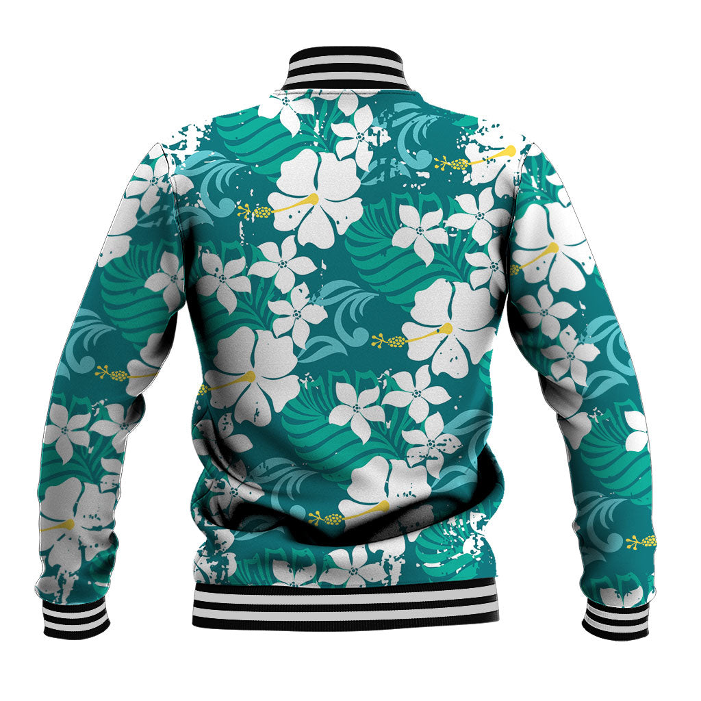 Teal Hawaiian Hibiscus Monstera Baseball Jacket Grunge Stylized