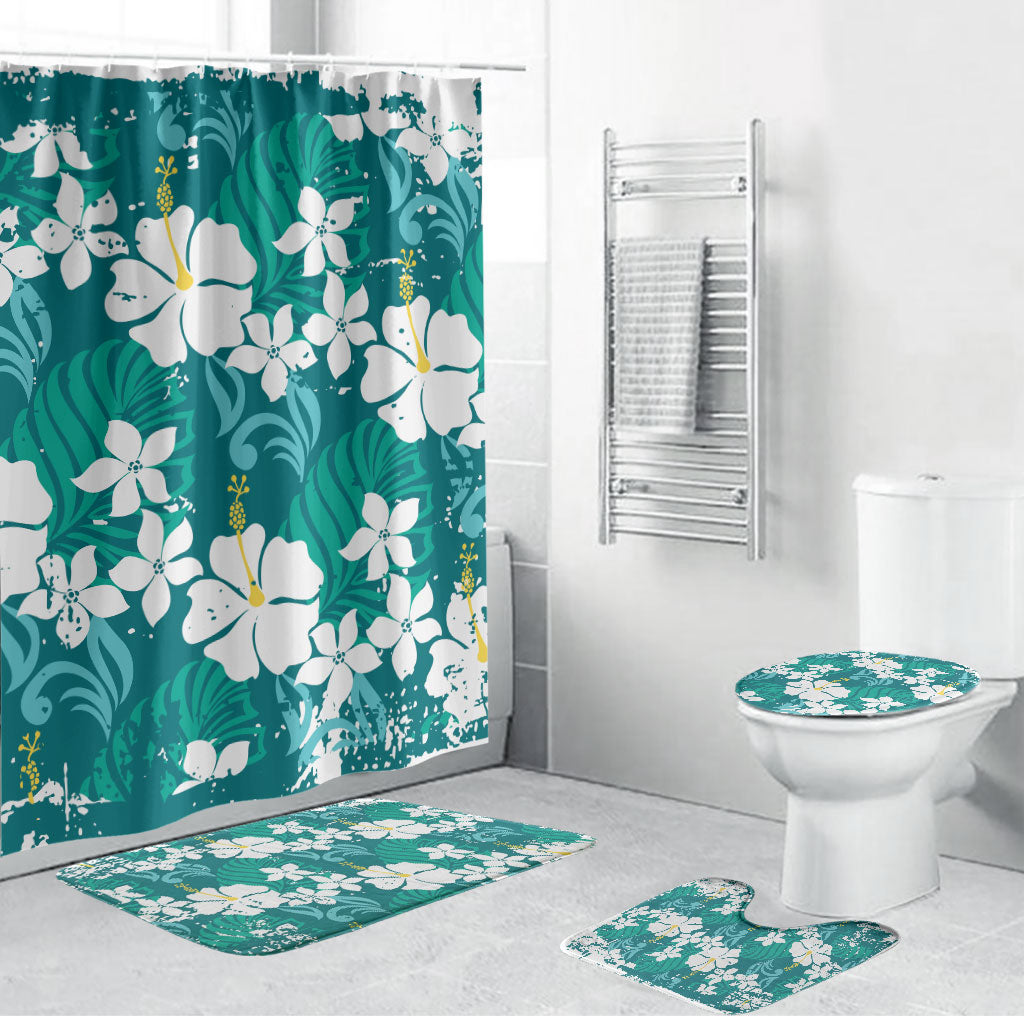 Teal Hawaiian Hibiscus Monstera Bathroom Set Grunge Stylized