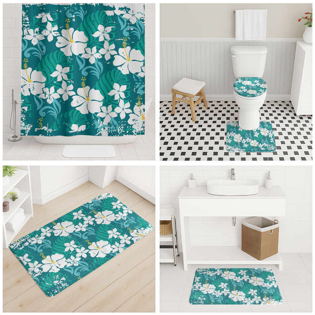 Teal Hawaiian Hibiscus Monstera Bathroom Set Grunge Stylized