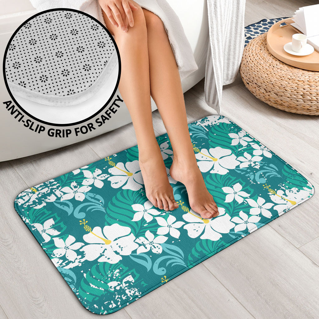 Teal Hawaiian Hibiscus Monstera Bathroom Set Grunge Stylized