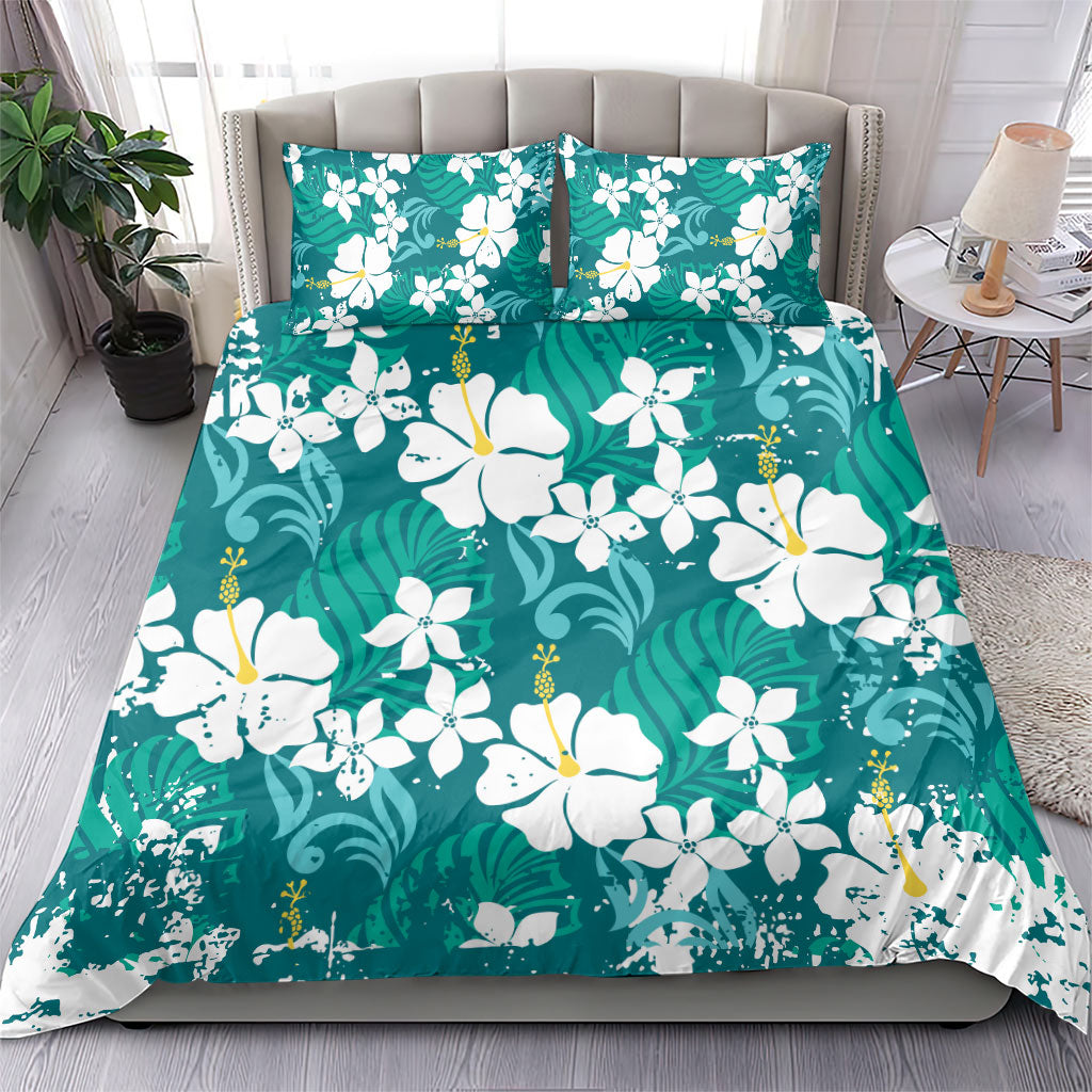 Teal Hawaiian Hibiscus Monstera Bedding Set Grunge Stylized