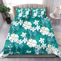 Teal Hawaiian Hibiscus Monstera Bedding Set Grunge Stylized