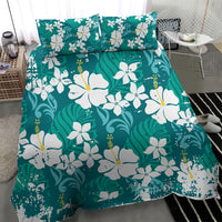 Teal Hawaiian Hibiscus Monstera Bedding Set Grunge Stylized