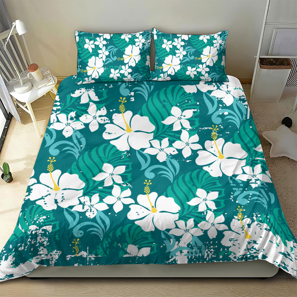 Teal Hawaiian Hibiscus Monstera Bedding Set Grunge Stylized