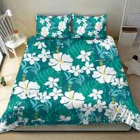 Teal Hawaiian Hibiscus Monstera Bedding Set Grunge Stylized