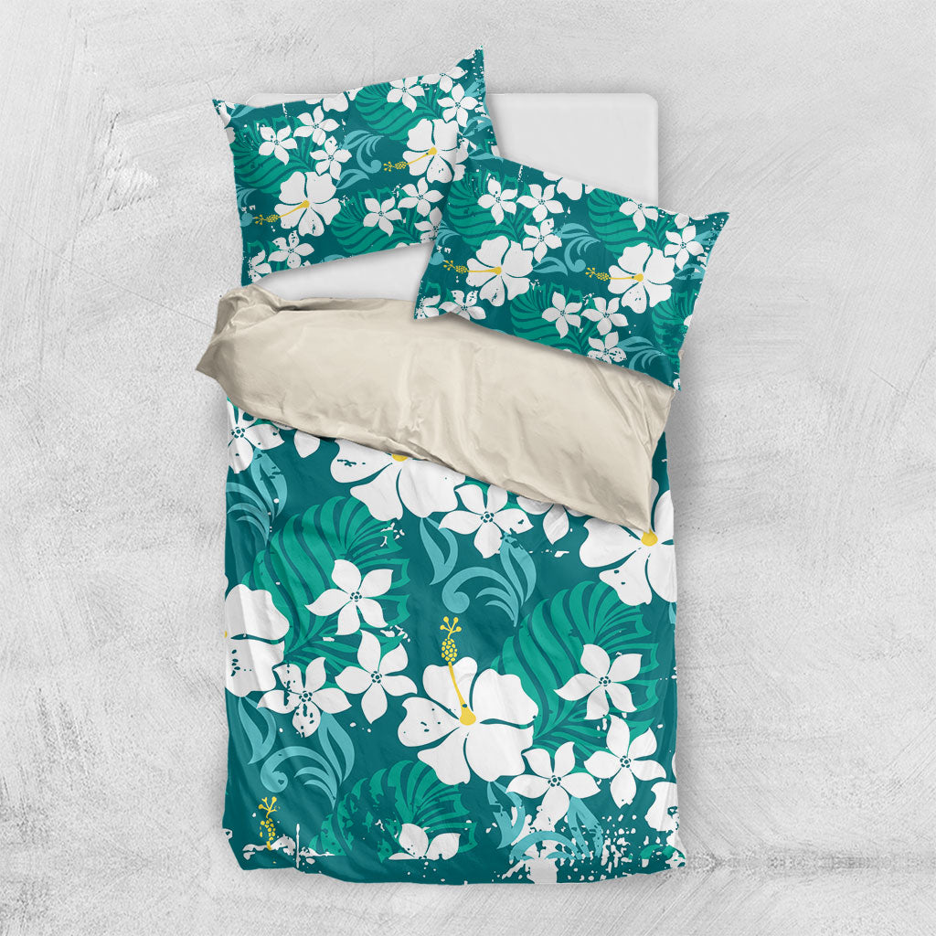 Teal Hawaiian Hibiscus Monstera Bedding Set Grunge Stylized