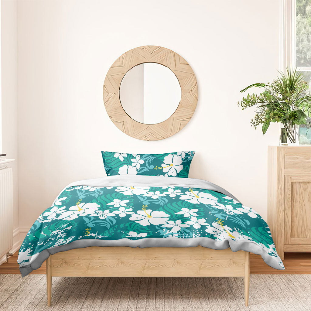 Teal Hawaiian Hibiscus Monstera Bedding Set Grunge Stylized