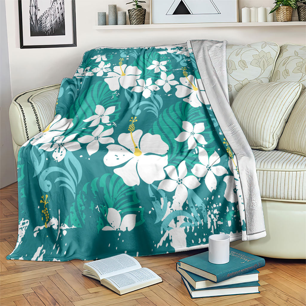 Teal Hawaiian Hibiscus Monstera Blanket Grunge Stylized