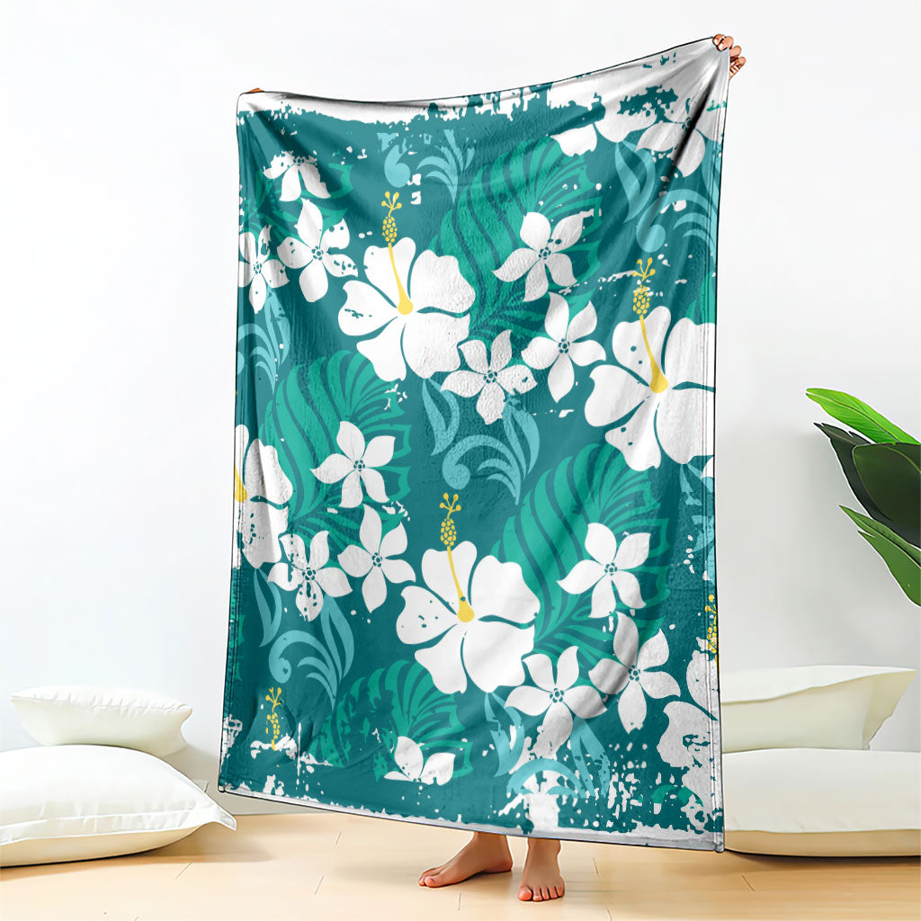 Teal Hawaiian Hibiscus Monstera Blanket Grunge Stylized