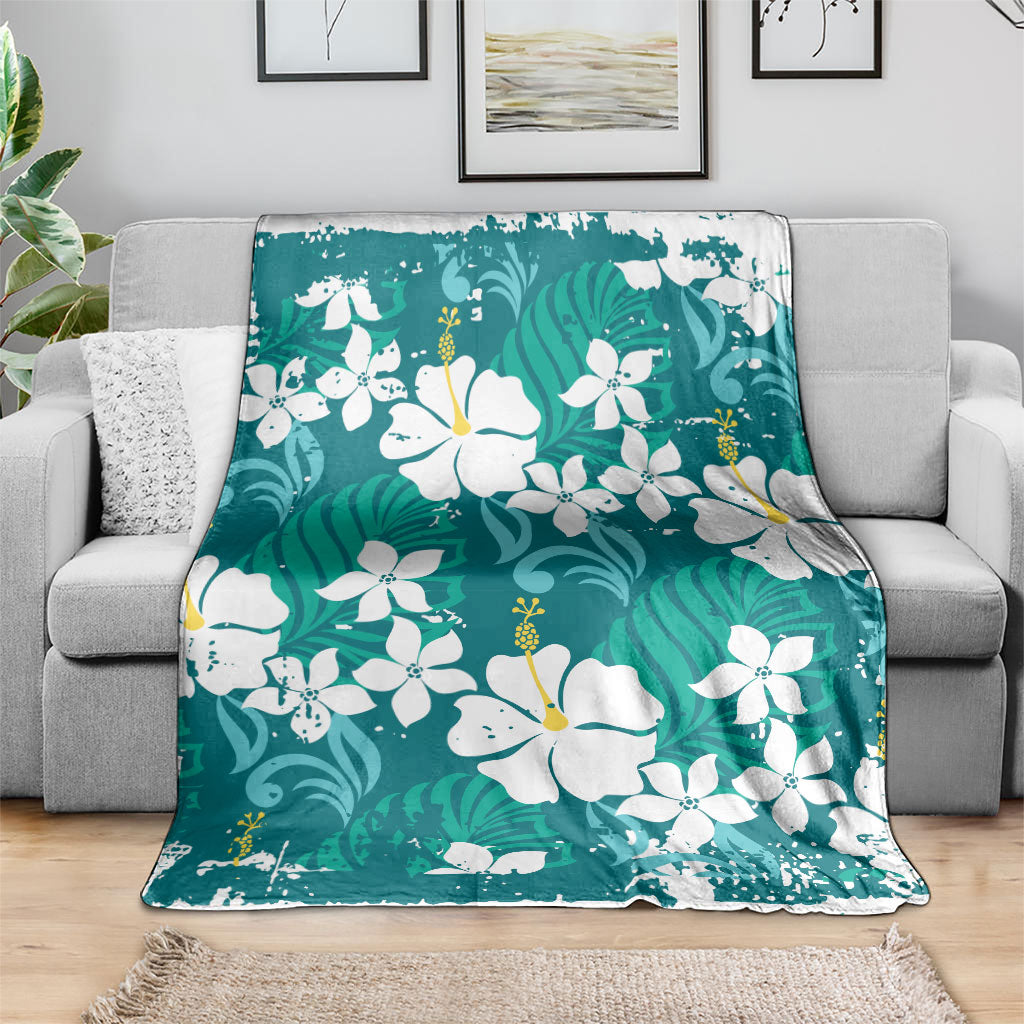 Teal Hawaiian Hibiscus Monstera Blanket Grunge Stylized