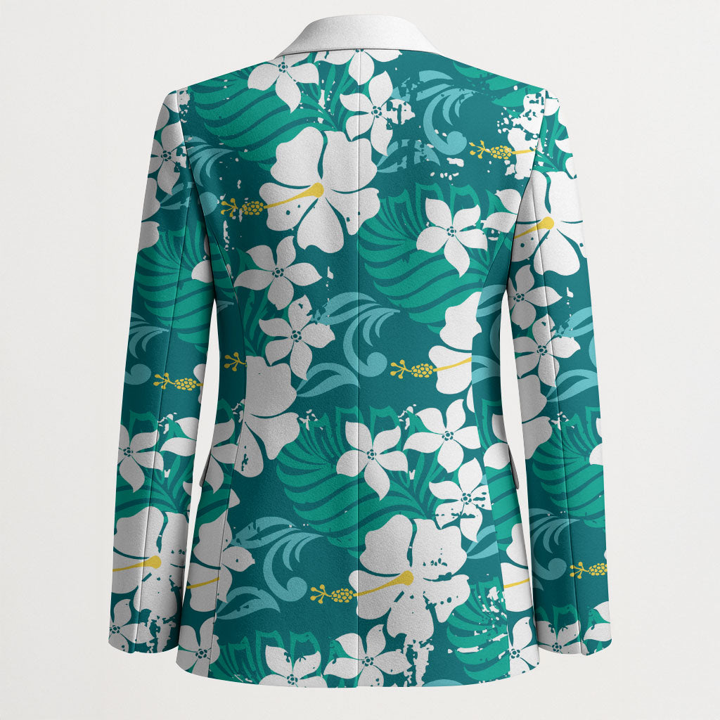 Teal Hawaiian Hibiscus Monstera Blazer Grunge Stylized