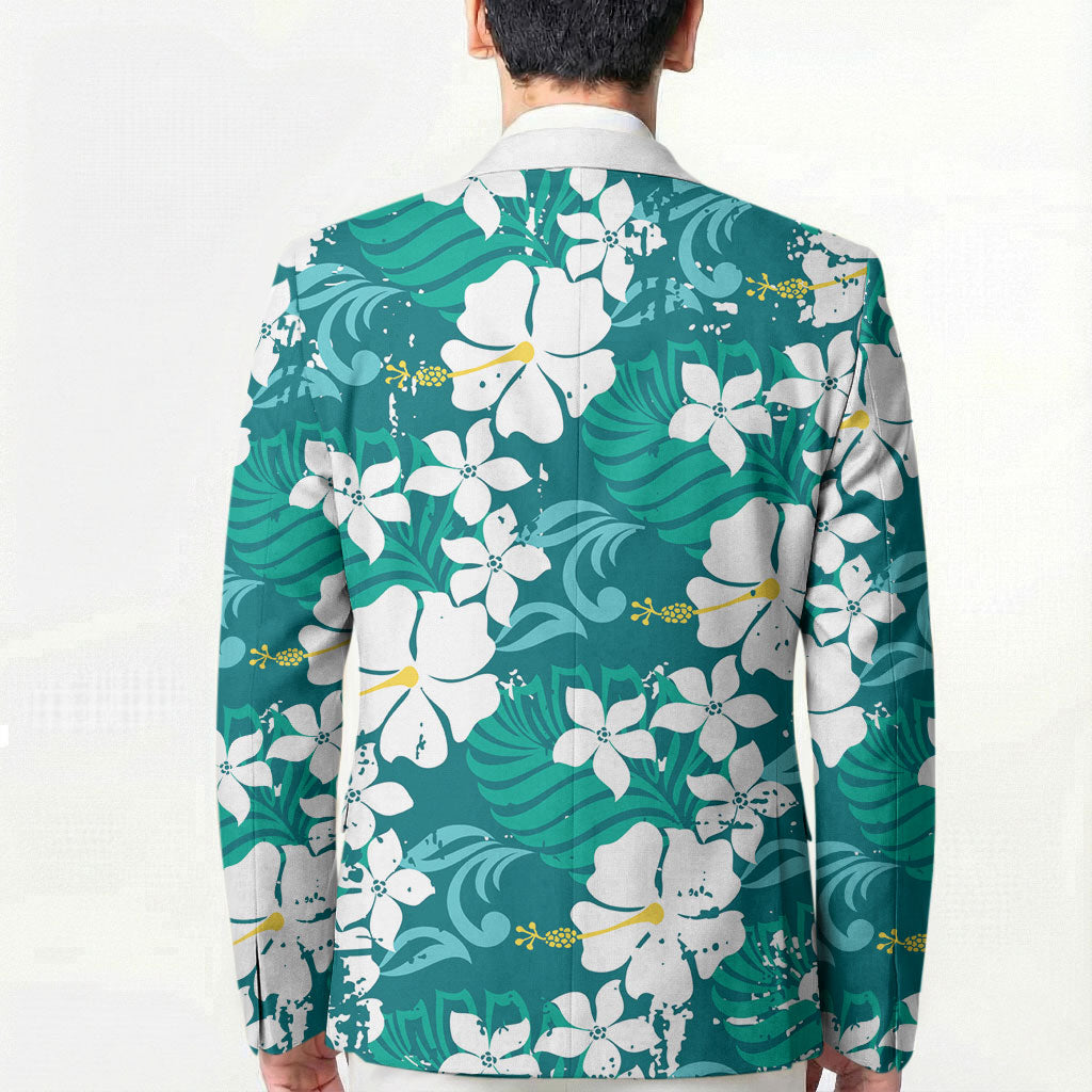 Teal Hawaiian Hibiscus Monstera Blazer Grunge Stylized