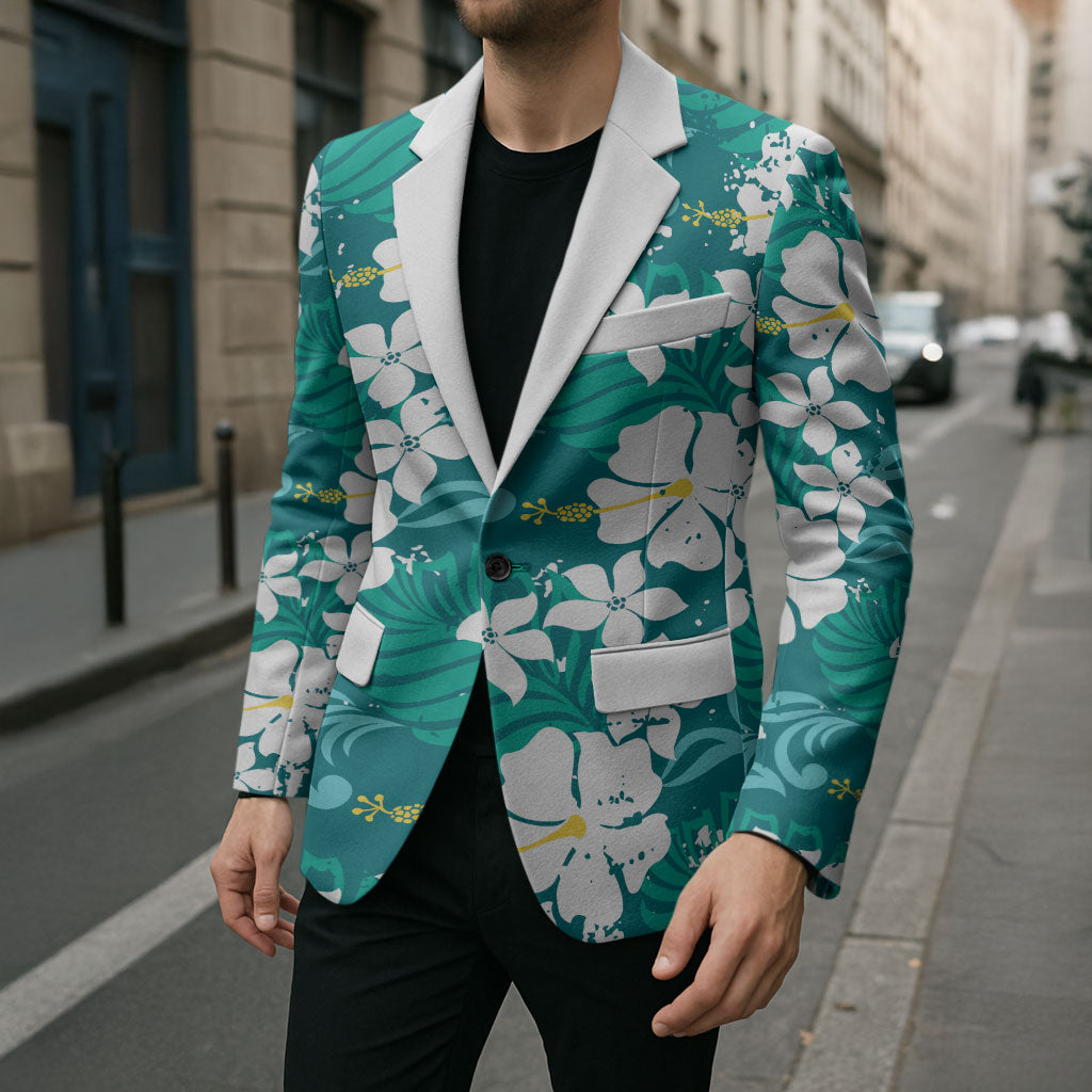 Teal Hawaiian Hibiscus Monstera Blazer Grunge Stylized