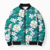 Teal Hawaiian Hibiscus Monstera Bomber Puffer Jacket Grunge Stylized LT01 Unisex Teal - Polynesian Pride