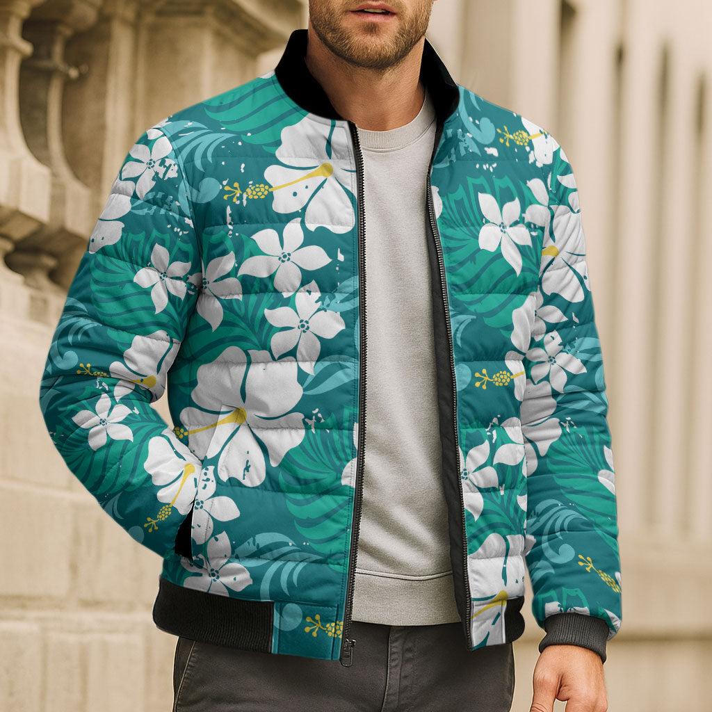Teal Hawaiian Hibiscus Monstera Bomber Puffer Jacket Grunge Stylized LT01 - Polynesian Pride