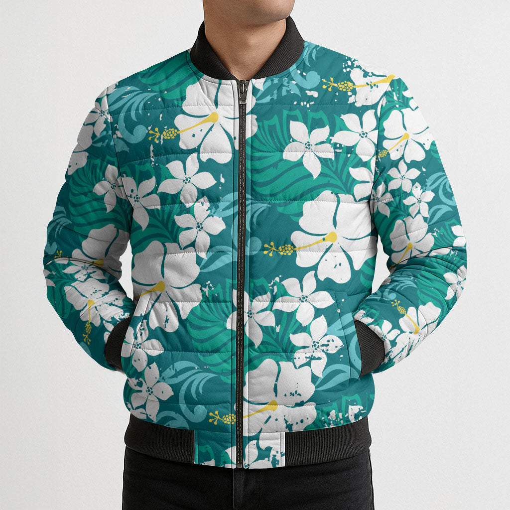 Teal Hawaiian Hibiscus Monstera Bomber Puffer Jacket Grunge Stylized LT01 - Polynesian Pride