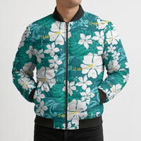 Teal Hawaiian Hibiscus Monstera Bomber Puffer Jacket Grunge Stylized LT01 - Polynesian Pride