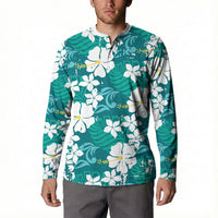 Teal Hawaiian Hibiscus Monstera Button Sweatshirt Grunge Stylized LT01 - Polynesian Pride