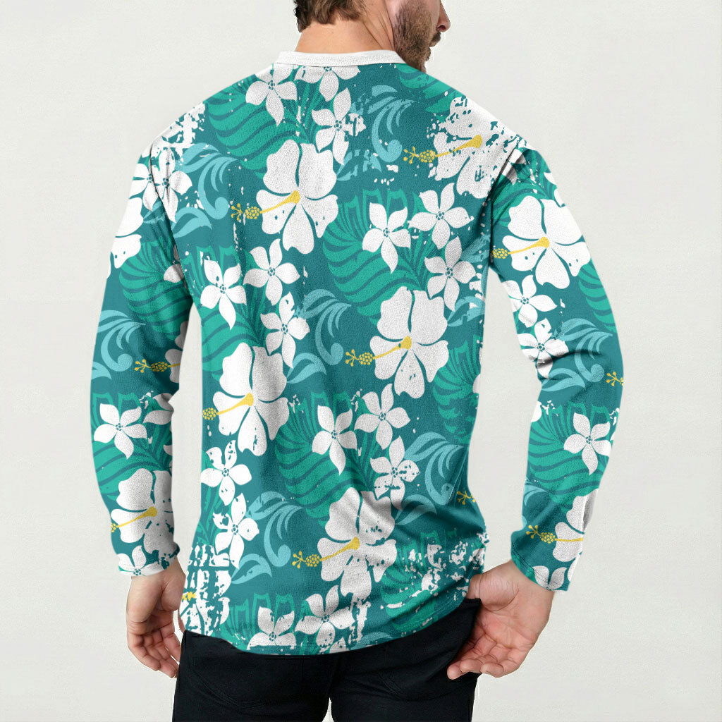 Teal Hawaiian Hibiscus Monstera Button Sweatshirt Grunge Stylized LT01 - Polynesian Pride